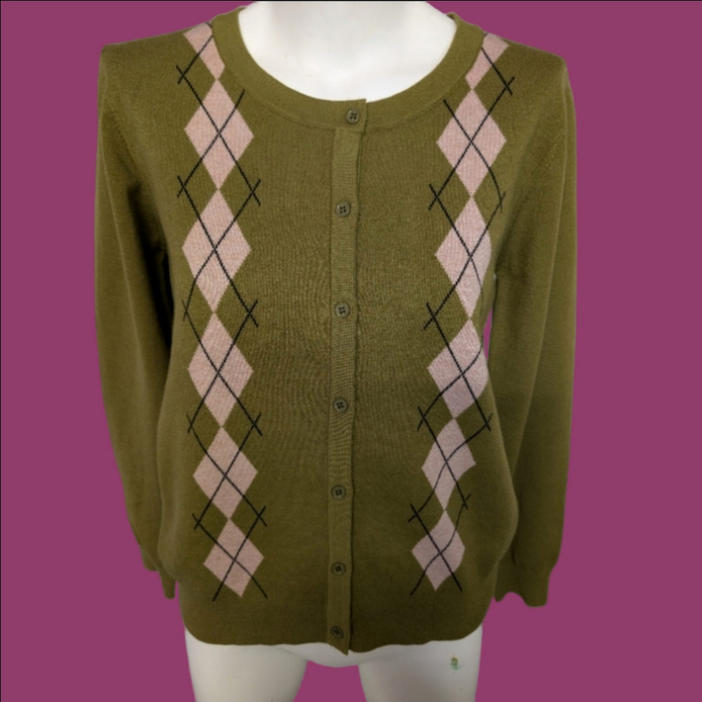 Hiatus Cardigsn Green Argyle Button Up Sweater With Light Pink Pattern Size L